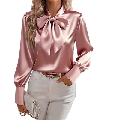 Camisa informal para mujer color liso satinado manga larga con moño decoración blusa primavera  Foto 1 de 4