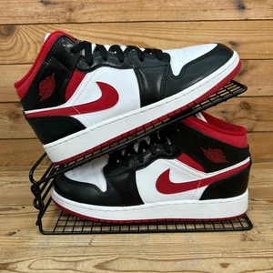 Nike Trainers Womens Size UK 6 Air Jordan 1 Mid Black White Red Leather Shoes GS - Picture 1 of 13