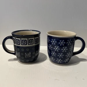 Polish Pottery Boleslawic Mugs Pair Pottery Snowflake Sponge Ware - Picture 1 of 5