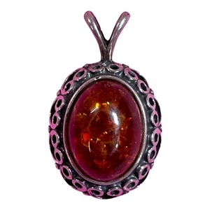 Vintage Sterling Silver 925 Oval Baltic Amber Cabochon Pendant Filigree Design - Picture 1 of 5