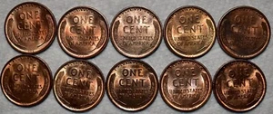 10x Brilliant Uncirculated 1909-P VDB Lincoln Cents, Blazing, Red-Brown Cents. - Imagen 1 de 2