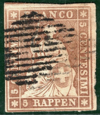 SWITZERLAND Classic Scott24 5r Yellow-Brown (1855-57) HELVETIA Cat $115 YGREEN89 - Image 1 of 4