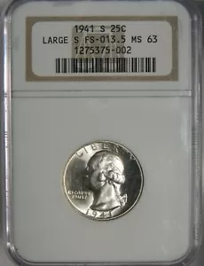 Cuarto de plata Washington 1941-S 25C FS-013,5 "GRANDE S" NGC MS63 #1275375-002 - Imagen 1 de 4