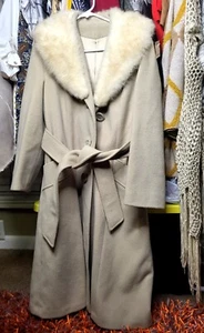 VTG Penny Lane Coat Long Womens M Faux Fur Collar Classic Cream  - Picture 1 of 7