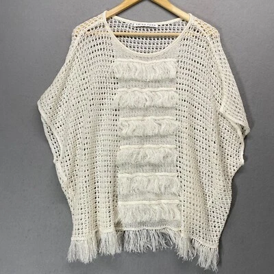Poncho Suéter Trina Turk Mujer Medio Blanco Tejido Abierto Flecos Foto 1 de 4