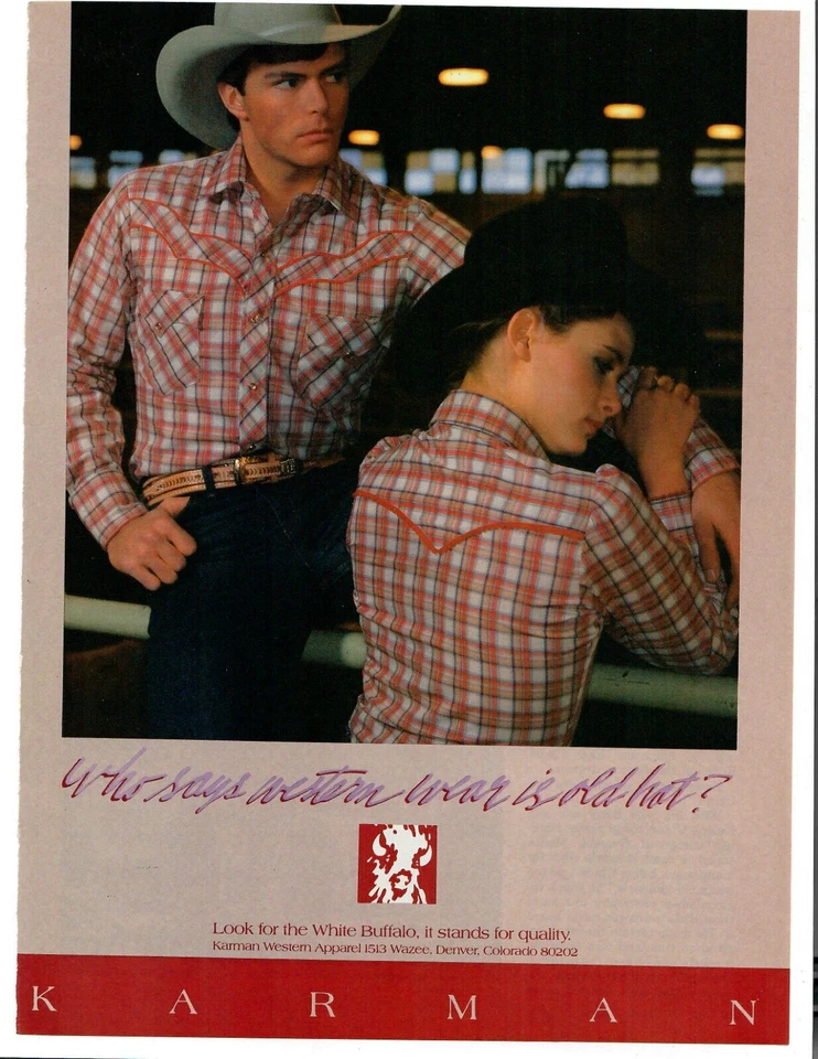 1984 Karman Western Apparel Vintage Print Ad White Buffalo Cowboy Western Rodeo - Image 1 of 1