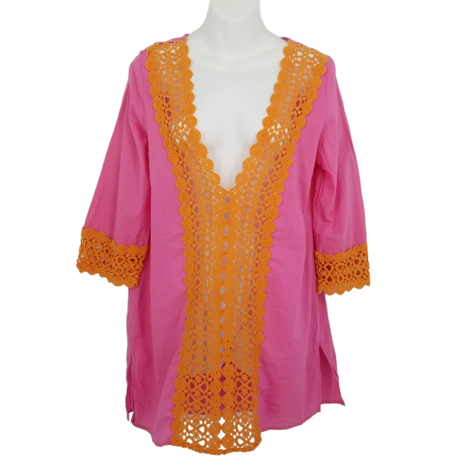 Top de mujer Mud Pie cubre trajes de baño rosa naranja encaje verano talla mediana Foto 1 de 4