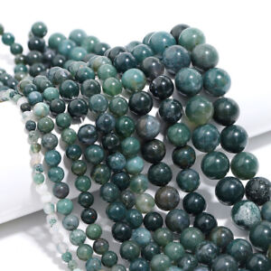 Natural Round Moss Agate Stone Beads For Bracelet Necklace Jewelry Making DIY