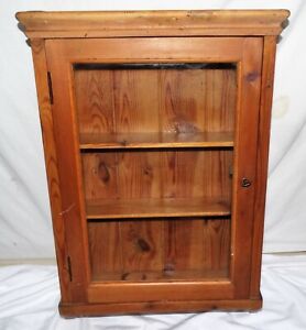 ANTIQUE PINE GLASS FRONTED LOCKING HERB CUPBOARD WITH KEY,COUNTRY KITCHEN.
