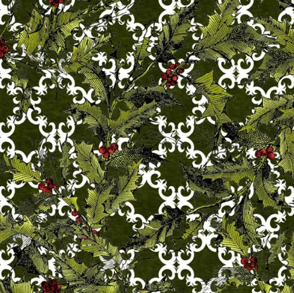 LIQUIDACIÓN - 'WINTER WONDERLAND' ACEBO SOBRE TELA VERDE NAVIDAD Foto 1 de 1