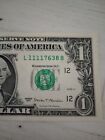 2017 $1 Federal Reserve Note - Serial Number L11117638B - Nice Condition