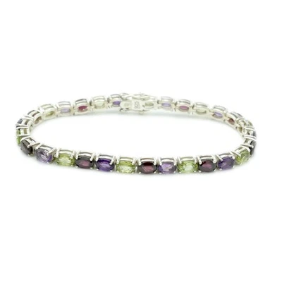 Pulsera Tenis Granate Peridoto Amatista Plata de Ley 925 Joyería Hecha a Mano Foto 1 de 4