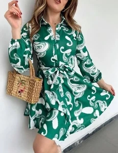 Nuevo Para Mujer Estampado Cachemira Manga Larga Cuello Abotonado Vestido Corbata Cinturón Mediano - Imagen 1 de 3