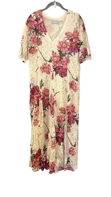 Vtg Starina Dress Ivory Pink Floral Cottagecore Tie Back Fit Flare Midi Fairy L - Image 1 of 4