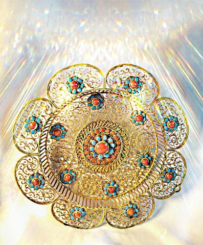 Vintage TURQUOISE & CORAL Filigree Design Wall Plate ~ Gold Color 7.75" Cover