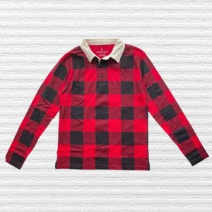 New Crewcuts J Crew Boys Rugby Shirt Red Black Buffalo Check Long Sleeve Size 12 - Picture 1 of 11