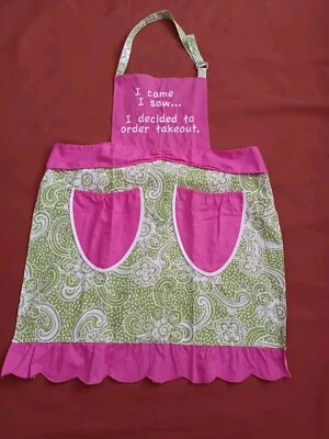 I Came I Saw I Ordered Takeout Pink Green 2 Pocket Bib Apron  - Imagem 1 de 4