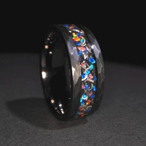 8mm Meteorite & Galaxy Opal Hammered Black Tungsten Men's Ring Wedding Band - Picture 1 of 10