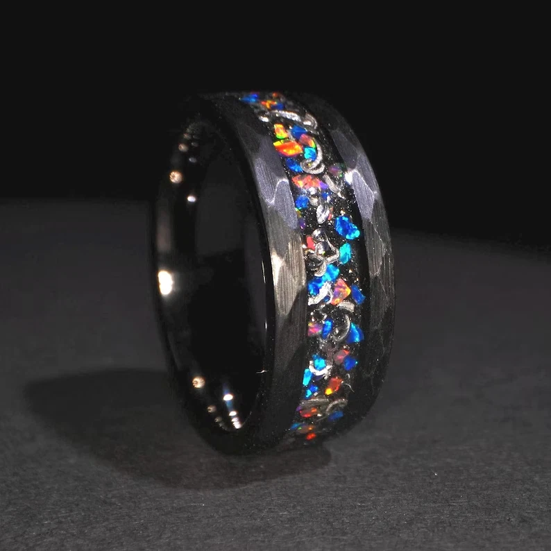 Alianza de boda anillo de tungsteno negro martillado ópalo ópalo meteorito y galaxia de 8 mm para hombre Foto 1 de 4