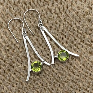 Natural PERIDOT Sterling Silver August Birthday Handmade Dangle Drop Earrings - Picture 1 of 8
