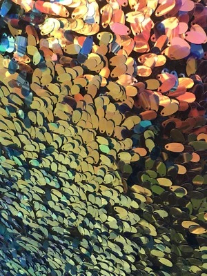 ROYAL BLUE IRIDESCENT 18MM TEARDROP-MERMAID SEQUINS ON A BLACK MESH-SOLD BY YARD - Image 1 of 4