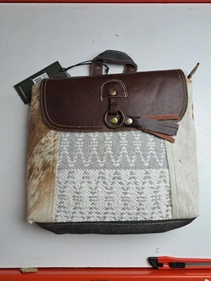 Myra Bag Hanging Buckle Upcycled Canvas & Cowhide Leather Backpack Bag S-1609 - Image 1 of 4
