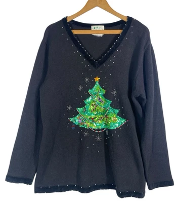Quacker Factory Sweater Size 1X Christmas Tree Sequin Beaded Embellished Vintage - Image 1 of 4