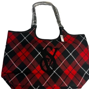 Victoria's Secret Red & Black Plaid Tote Bag Gift Bag New with Tags $60 Reusable - Picture 1 of 6
