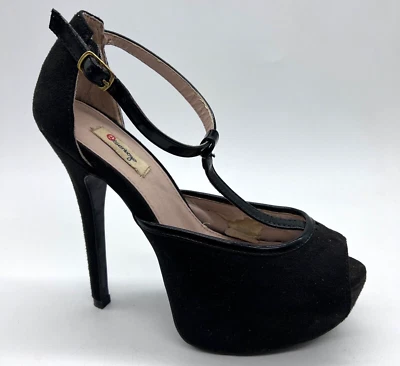 Olsenboye Mujer EE. UU. 7M Negro Gamuza T-Correa Plataforma Punta Abierta Tacones de Aguja Foto 1 de 4