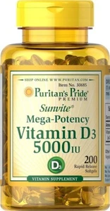 VITAMIN D3 Mega Potency PURITANS PRIDE 5000 IU Immune Supplement 200 Softgels - Picture 1 of 5