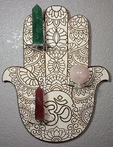 White Mandala Hamsa Hand Natural Crystals Gemstones Display Shelf Home Decor - Picture 1 of 3
