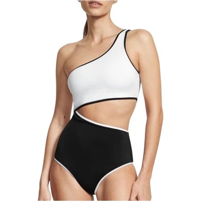 Maiô Victoria's Secret The Monokini tamanho XL recorte de um ombro preto branco - Imagem 1 de 4