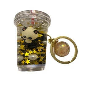 PANDA GOLD STARS 3D Keychain For Women Liquid Glitter Boba Bag Charm Korea - Picture 1 of 7
