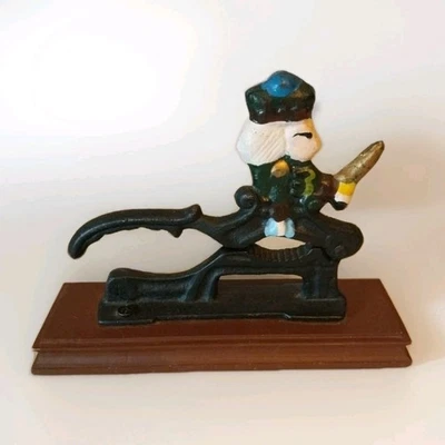 Vtg Cast Iron Nutcracker Hand Painted Revolutionary War Soldier Wood Base Lever - Image 1 of 4