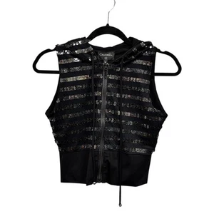 NWT Chanel Black Sequin Embellished Sleeveless Hooded Zip Up Vest Womens 6 - Picture 1 of 9