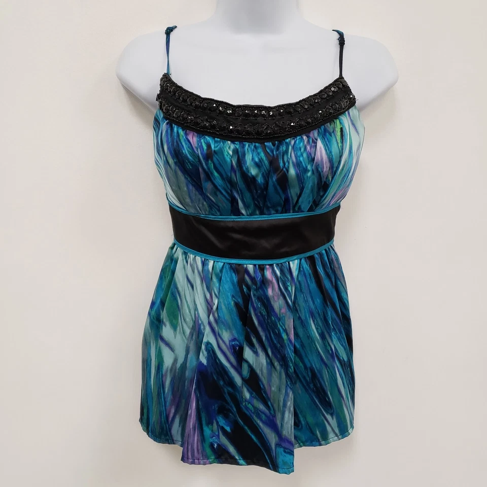 Vintage Love Tease Womens Satin Babydoll Tank Top Size S Blue Beaded Artsy Y2K - Image 1 of 4
