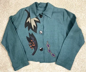 Beppa Blazer Jacket Linen Art-To-Wear M Teal Blue Green Embroidered - Picture 1 of 7