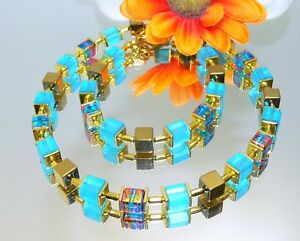 Halskette Würfelkette Würfel Cube Glas türkis blau mehrfarbig Hämatit gold 095x