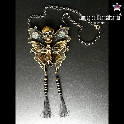 Luxury Jewelry Gothic Art Deco Nouveau Necklace Skull Pendant Moth Butterfly Bib - Image 1 of 4