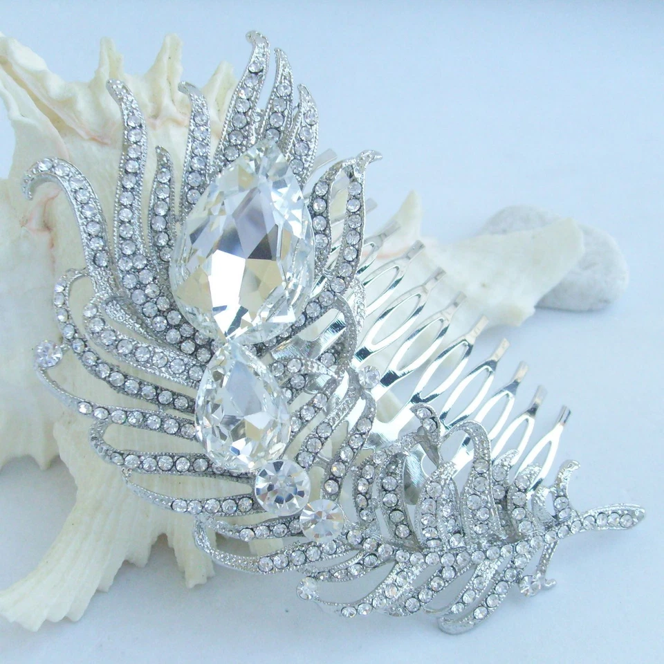 4.33" Wedding Bridal Peacock Feather Hair Comb Rhinestone Crystal HC05038 - Image 1 of 1