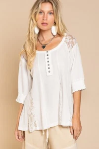 POL Clothing Round Neck Lace Detail Thermal Knit Top Women's in Off-White - Picture 1 of 5