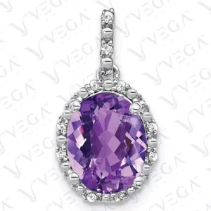 5.40carat Oval Natural Amethyst & Diamond Pendant 18k White Gold Plated No Chain - Picture 1 of 11