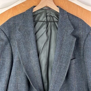 VINTAGE Tweed Jacket Mens 52L Navy Blue 2 Button Herringbone Wool Striped 80s - Picture 1 of 15