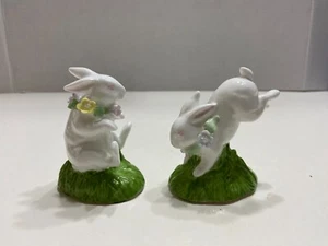 2 Vtg Bunny Rabbit Figurines - Bone China Midwest Taiwan Pink Eye Easter Grass - Picture 1 of 13