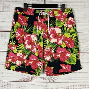J Crew Swim Trunks Mens 32 Red Black Floral 9" Inseam Lined Shorts Nylon Stretch - Picture 1 of 8