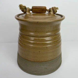 Art Pottery Stoneware Canister Hand Thrown with Lid Wood & Rope Handle Vintage - Picture 1 of 11