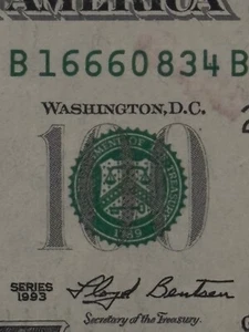 $100 Dollar Bill Small Head 1993 Fancy Serial Number Three of a Kind- B16660834B - Picture 1 of 7