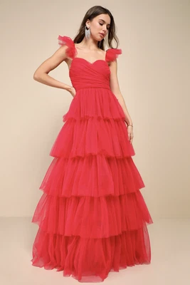 Vestido maxi Lulus feminino fabuloso equilíbrio vermelho brilhante tule com babados em camadas M - Imagem 1 de 3