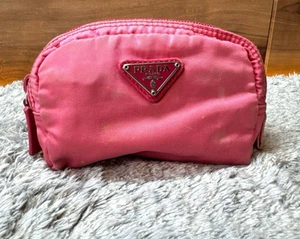 PRADA Mini Pouch Cosmetic Pouch Small Item Case Nylon Triangle Plate pink uesd - Picture 1 of 12