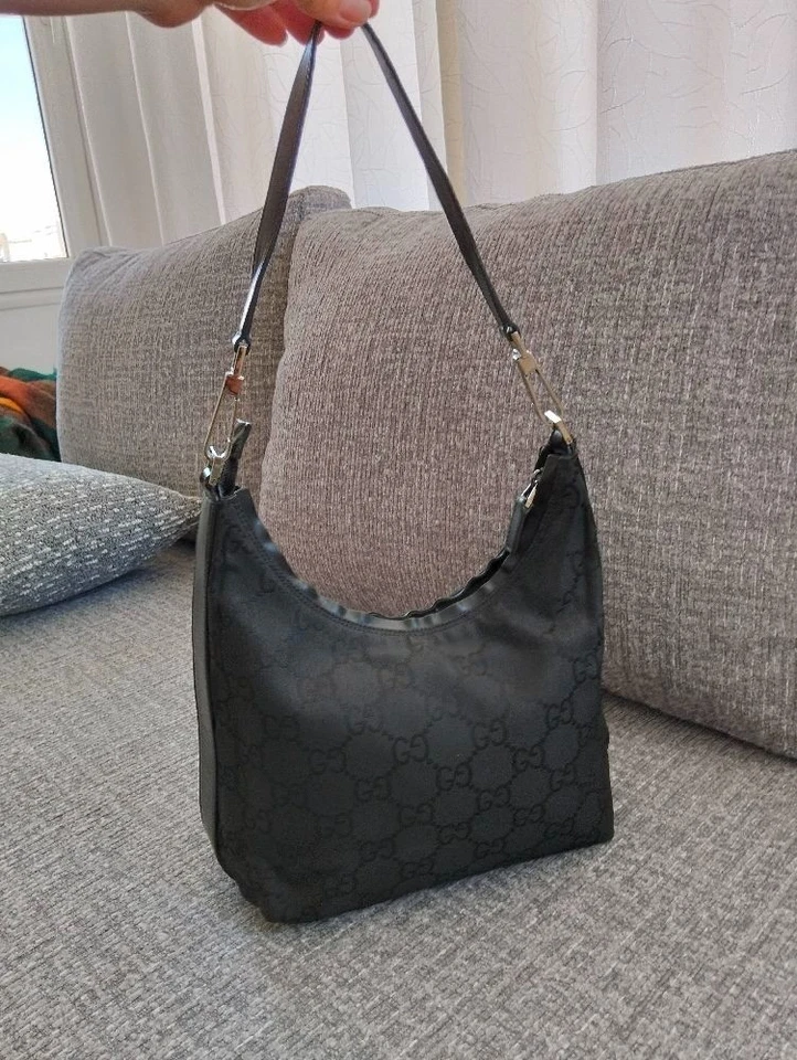 GUCCI Black GG Monogram Nylon Hobo Bag 28835 Made in Italy - Shoulder Purse - Image 1 of 4